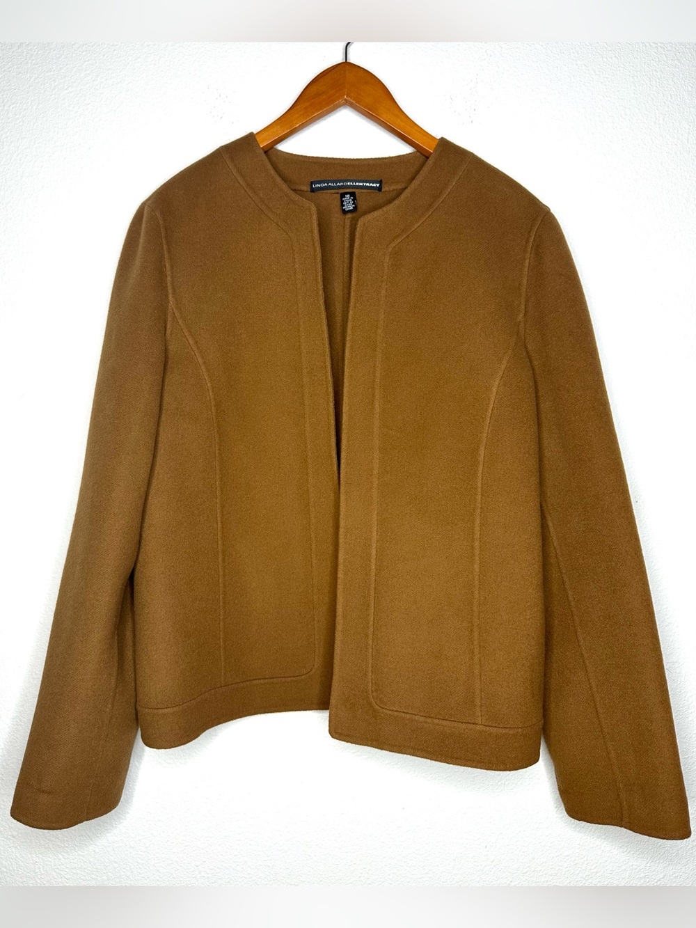 Camel 100% Wool Collarless Short Coat Jacket Linda Allard Ellen Tracy Size 12